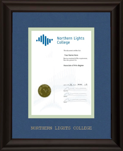 Classic Black diploma frame with double mat board and gold foil stamp with "NORTHERN LIGHTS COLLEGE" GOUDY 24P. (#120900-12x15-volc/ths-fs)